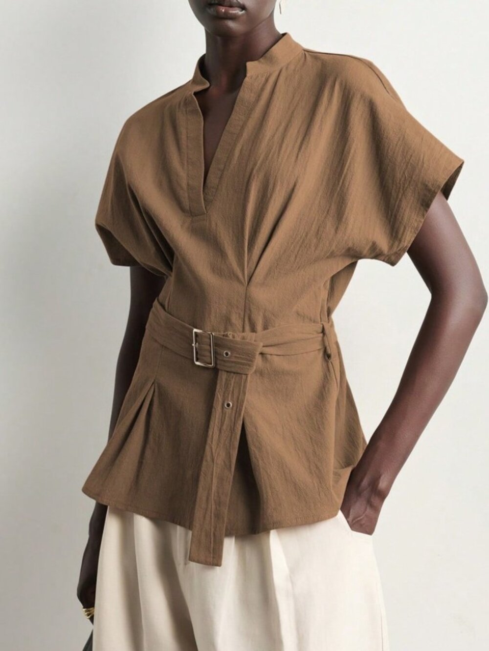 Tan Cotton Belted Notched Neck Tunic Blouse with Pleated Hem